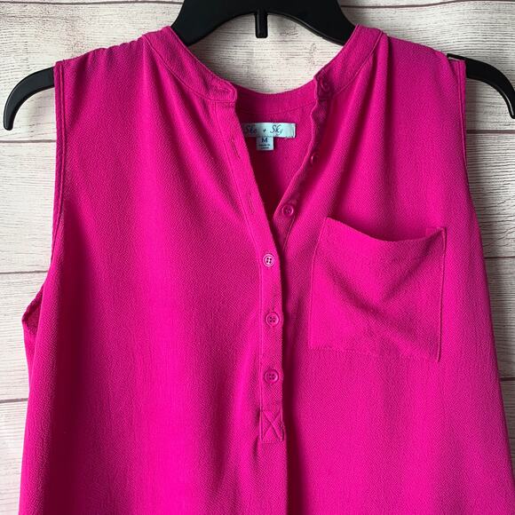 She & Sky Pink Sleeveless Blouse Partial Button Up Pocket Size Medium - Picture 2 of 16